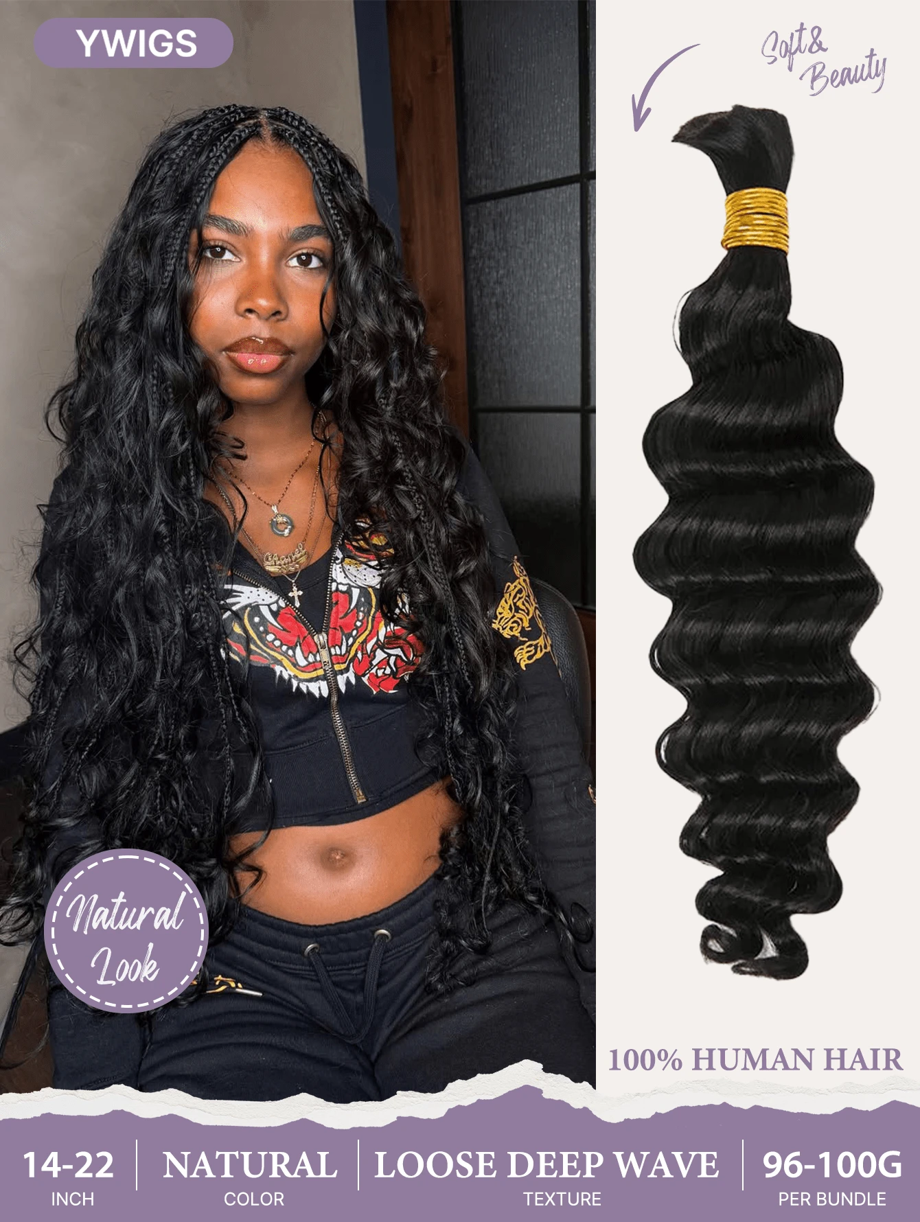 Y WIGS 14-22 Inch 100g Loose Deep Wave Bulk Human Hair For Boho Braids 100% Unprocessed Human Hair Natural Color Soft Human Crochet Hair For Vacation, Holiday, Festival, Back To School, Daily, Sports