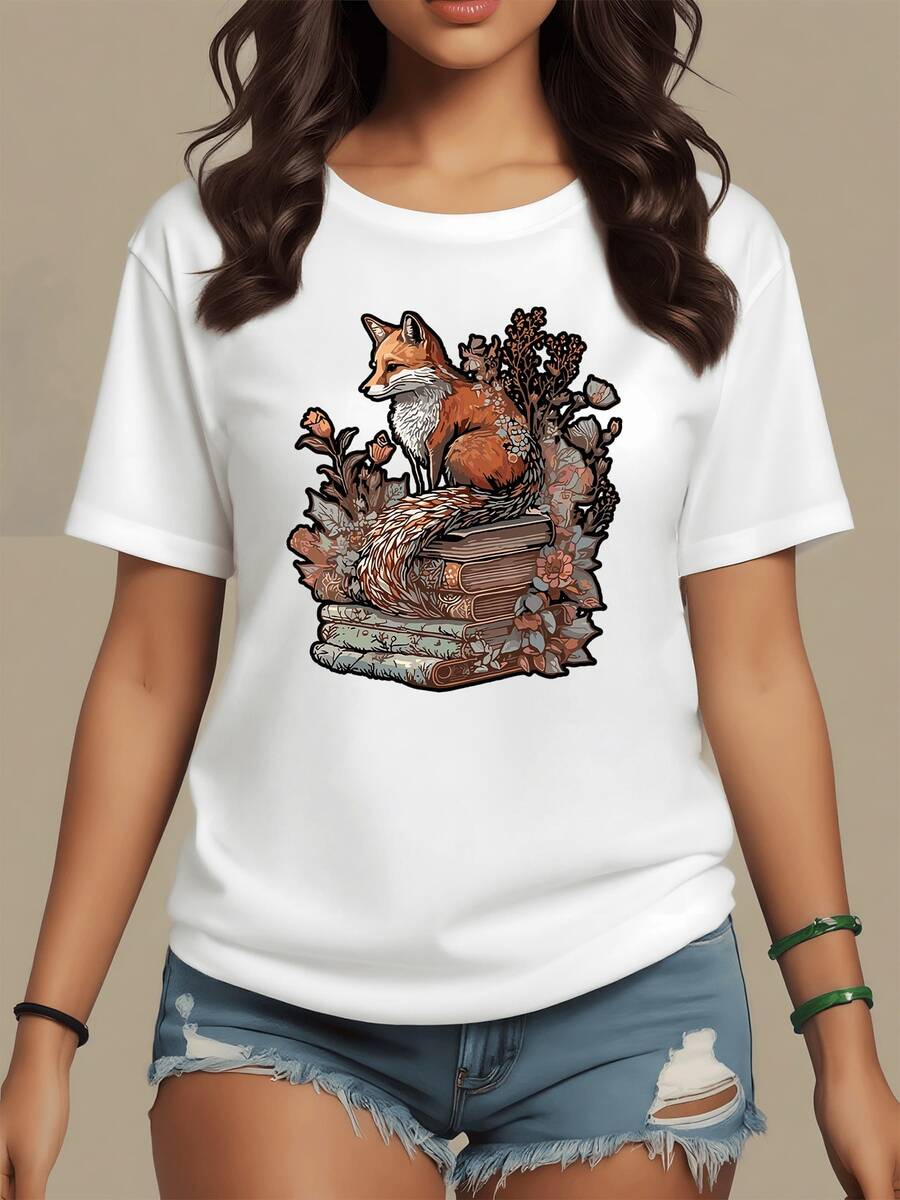 Zorro reposando sobre libros antiguos rodeado de flores simboliza sabiduría naturaleza y calma interior combineren esencia mística y serenidad artística camiseta de mujer casual cómoda ideal para diario - Blanco - Ver 1