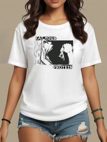 Large Illustration Showing An Open Figure Trying To Devour A Smaller One, Symbolizing Inner Strength And The Importance Of Nourishing Oneself With Positive Energy. Modern, Casual, Comfortable Women's T-Shirt, Ideal For Everyday Wear. - 白色 - 查看 1