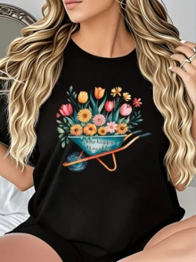 Carretilla llena de tulipanes y margaritas coloridas que simbolizan pensamientos felices y energía positiva camiseta de mujer casual cómoda y moderna - Negro - Ver 8