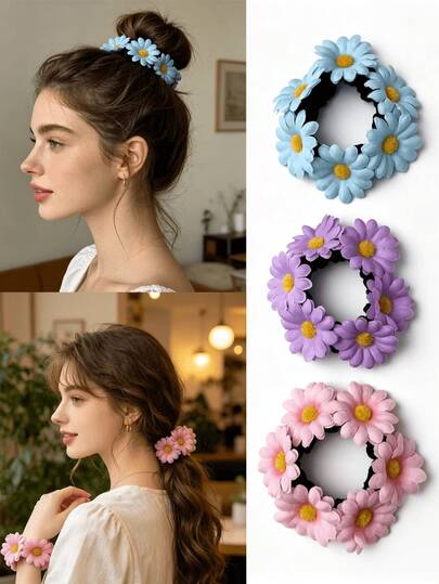 3pcs Floral Velvet Hair Scrunchies, 3D Flower Faux Flower Hair Ties, Sweet & Cute, Elegant, Princess Style, Artistic, Versatile For Daily, Afternoon Tea, Dates, Parties