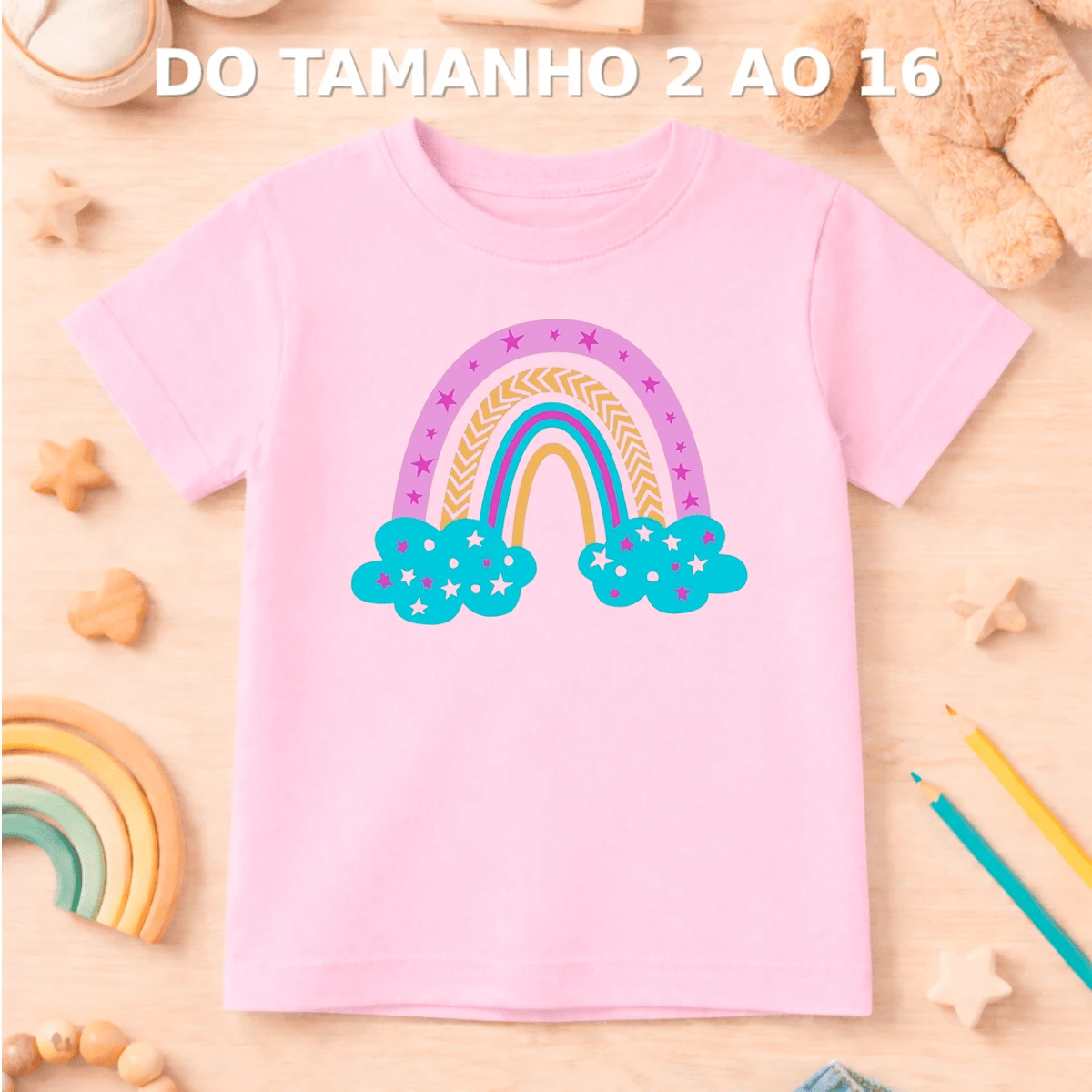 Camiseta Tshirt Infantil Menina 100% Algodão Tecido Premium Passeio Arco Íris Estrelas - Rosa chiclete - Visão 1