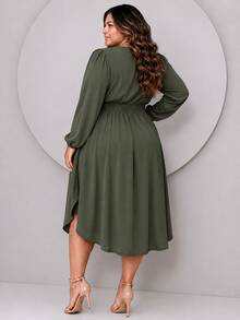 Women's Plus Size Dress With Wrap Neckline, Long Sleeves, Side Slit, Loose Fit, For Parties - Hijau Tentara - View 4