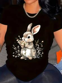Women's 100% Cotton T-Shirts 2026Plus Size - Large Sizes - Plus-Size T-Shirt With Cute Bunny Print, Comfortable Round Neck Top, Made Of Soft Fabric, Suitable For All Seasons, Korean Style - Black - View 1