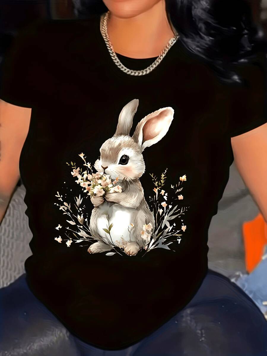 Women's 100% Cotton T-Shirts 2026Plus Size - Large Sizes - Plus-Size T-Shirt With Cute Bunny Print, Comfortable Round Neck Top, Made Of Soft Fabric, Suitable For All Seasons, Korean Style - Black - View 1
