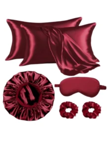 6pcs Women's Sleeping Cap, Pillowcase, Scrunchie, Eye Mask Set, Casual Polyester Satin Solid Color Suit, Gift For Daily, Vacation, All Seasons - 6-piece Set - View 2