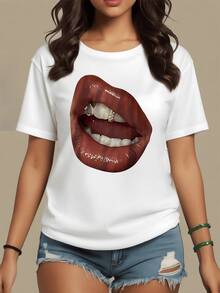 Bright Red Lips Slightly Parted, Revealing A Touch Of Gold, Symbolizing Confidence, Rebellion, And Modern Sensuality. Comfortable Casual Women's T-Shirt For Everyday Wear. - 白色 - 查看 8