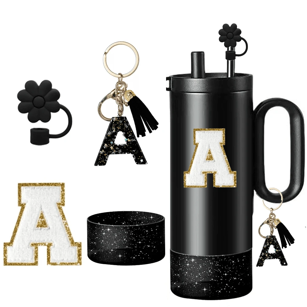 A-Z 4件組杯子配件組(適用於所有 30-40oz 杯子)-配件組包含:1個吸管防塵蓋、1個字母吊飾、1個亮面矽膠杯底保護墊、1個杯子字母貼紙(杯子字母鏈,隨機發送) - 黑色 - 查看 1