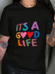 Colorful Phrase With Hand-Painted Lettering That Conveys Positive Energy And Self-Love With Red Hearts Symbolizing Joy And Optimism. Comfortable Casual Women's T-Shirt Ideal For Everyday Wear. - 黑色 - 查看 1