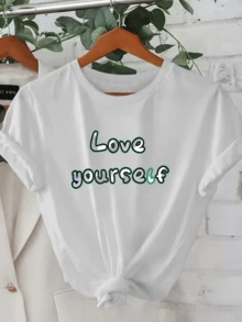 Positive Message Encouraging Self-Love With Large Letters And A Green Outline That Convey Optimistic Energy And Confidence. Comfortable Casual Women's T-Shirt For Everyday Wear And Relaxed Outings. - 白色 - 查看 8
