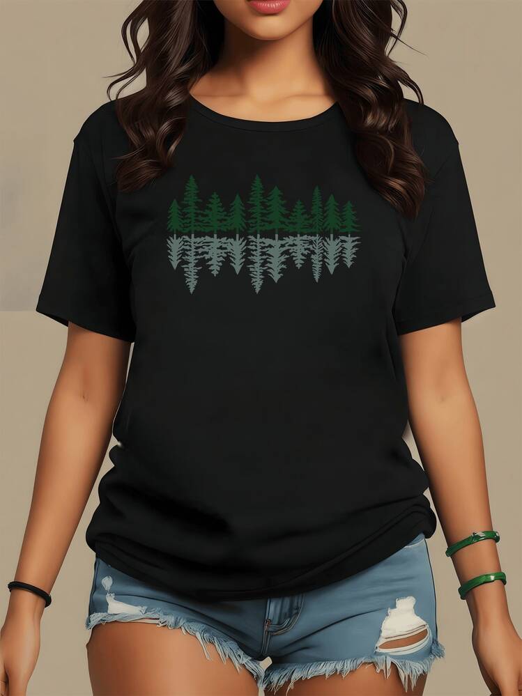Forest Reflected In The Water With Green Trees Symbolizing Natural Balance, Serenity, And Spiritual Connection With Nature. Comfortable Casual Women's T-Shirt For Everyday Wear. - màu đen - Xem 8