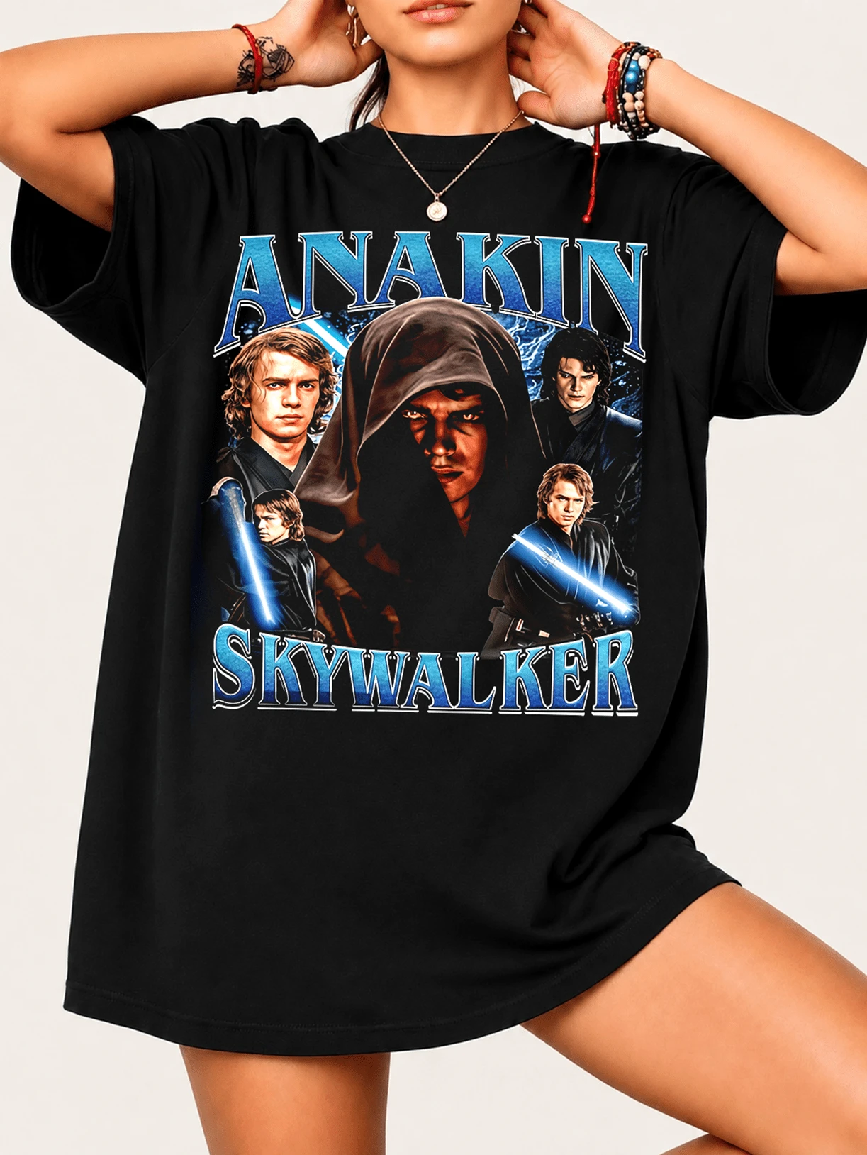 Anakins Skywalker Fan T-Shirt With Collage Of His Different Versions And , 100% Cotton, Unisex - Black - View 1