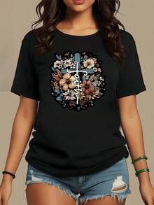 Cruz azul rodeada de flores multicolores que simbolizan esperanza fe y renovación en cada pétalo resaltando un mensaje positivo y espiritual camiseta de mujer para uso casual cómoda y con encanto artístico - Negro - Ver 8