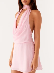 Women Y2K Halter Mini Dress Ruffle Mesh V Neck Going Out Dress Open Back Bodycon Party Dresses Beachwear - Pink - View 3
