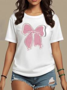 Large Pink Bow With Soft Lines Symbolizing Tenderness And Hope, Expressing A Delicate And Optimistic Feeling, Ideal For Conveying Femininity And Joy. Modern Casual Women's T-Shirt For Everyday Wear. - 白色 - 查看 8