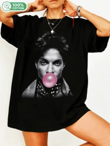 Unisex T-Shirt With Bubblegum Graphic, Retro King Of Pop Portrait In Black And White, Fun Pop Culture Print, 100% Cotton, Casual Streetwear Top For Music Fans. - Black - View 6