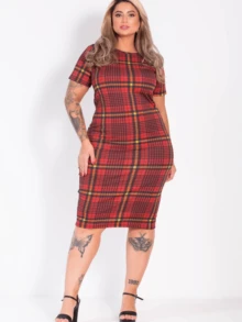 Casual Short-Sleeved Plaid Midi Dress, Comfortable For Spring/Summer - 紅色勾號 - 查看 1