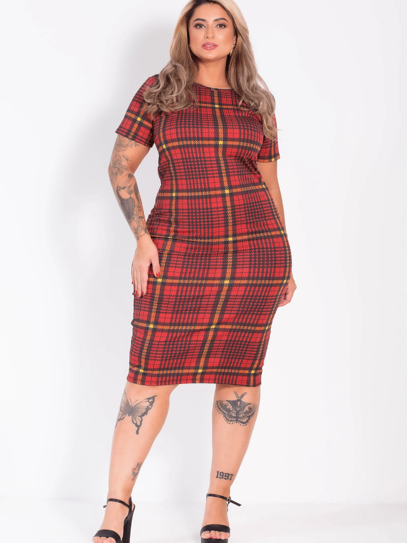 Casual Short-Sleeved Plaid Midi Dress, Comfortable For Spring/Summer - 紅色勾號 - 查看 1