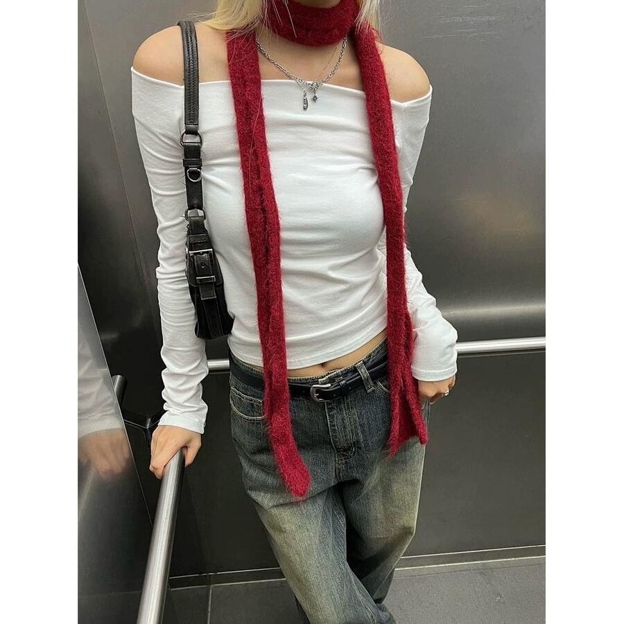 1条微卷边薄围巾,时尚百搭长围巾,修身窄款,适合秋冬季节佩戴 - 紅色 - 查看 1