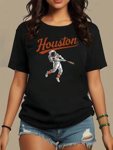 Astronauta golpeando una pelota simboliza la unión entre la pasión deportiva y el espíritu explorador del espacio transmitiendo energía y aventura en cada detalle camiseta de mujer con estilo moderno y gráfico vibrante - Negro - Ver 8