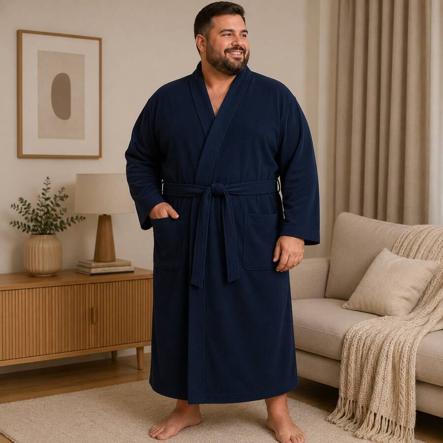 Soft Cozy Plus Size Unisex Bathrobe For Women And Men, Warm Terry Cloth Microfiber, Long With Pockets, Post-Bath, Winter - Màu xanh hải quân - Xem 1