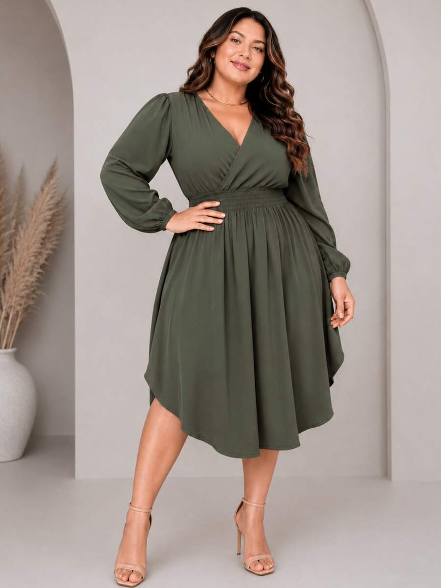 Women's Plus Size Dress With Wrap Neckline, Long Sleeves, Side Slit, Loose Fit, For Parties - Hijau Tentara - View 1