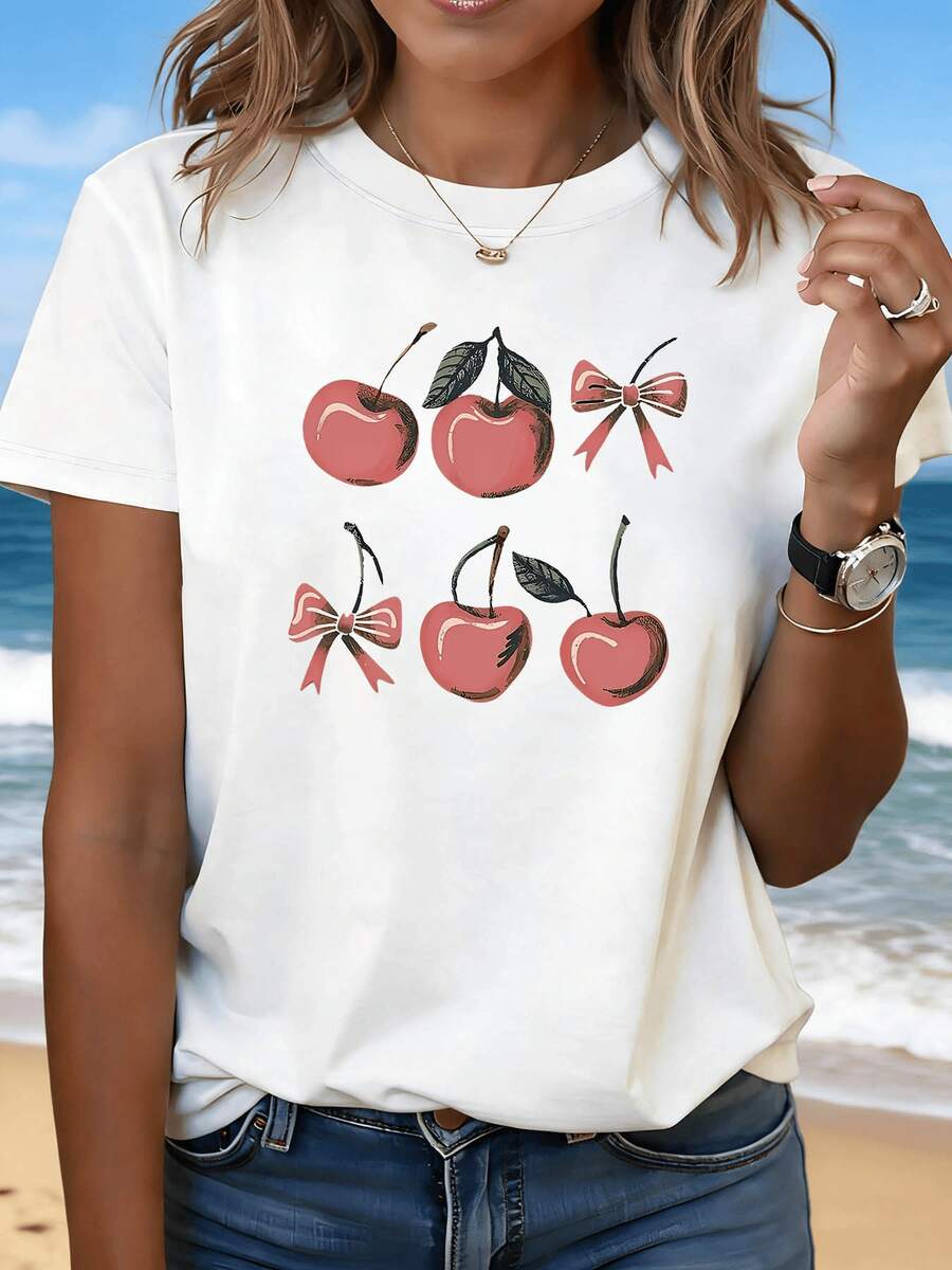 Cerezas rojas brillantes con hojas verdes y lazos rosados que evocan frescura dulzura y alegría veraniega combinando encanto juvenil y energía natural camiseta de mujer casual cómoda para diario - Blanco - Ver 1