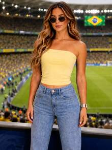 Women's Cropped Tube Top BRAZIL EMBROIDERED 6X4 Or World Cup Colors Double Layer Of Supplex Slim Fit Strapless - 香草黃(無刺繡) - 查看 1