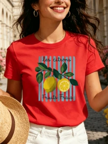 Women's Multicolor Short-Sleeve Crew Neck T-Shirt - Fresh French Style: Lemon Print "Les Citrons" - Versatile Garment Ideal For Holidays - Pure Cotton Basic T-Shirt - French-Themed Lemon Print - Casual And Fashionable Travel T-Shirt - 紅色 - 查看 8