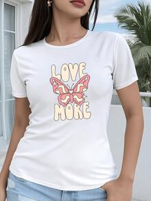 Pink Butterfly In The Shape Of A Heart Symbolizing Freedom, Love, Tenderness And Hope, Accompanied By The Positive Message Of Loving More. Modern Casual Women's T-Shirt For Everyday Wear. - 白色 - 查看 6