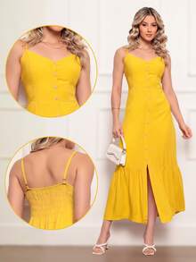 Elegant Women's Long Dress In Viscose Linen With Built-In Bra, Lining, Adjustable Straps And Front Buttons - Yellow - View 1