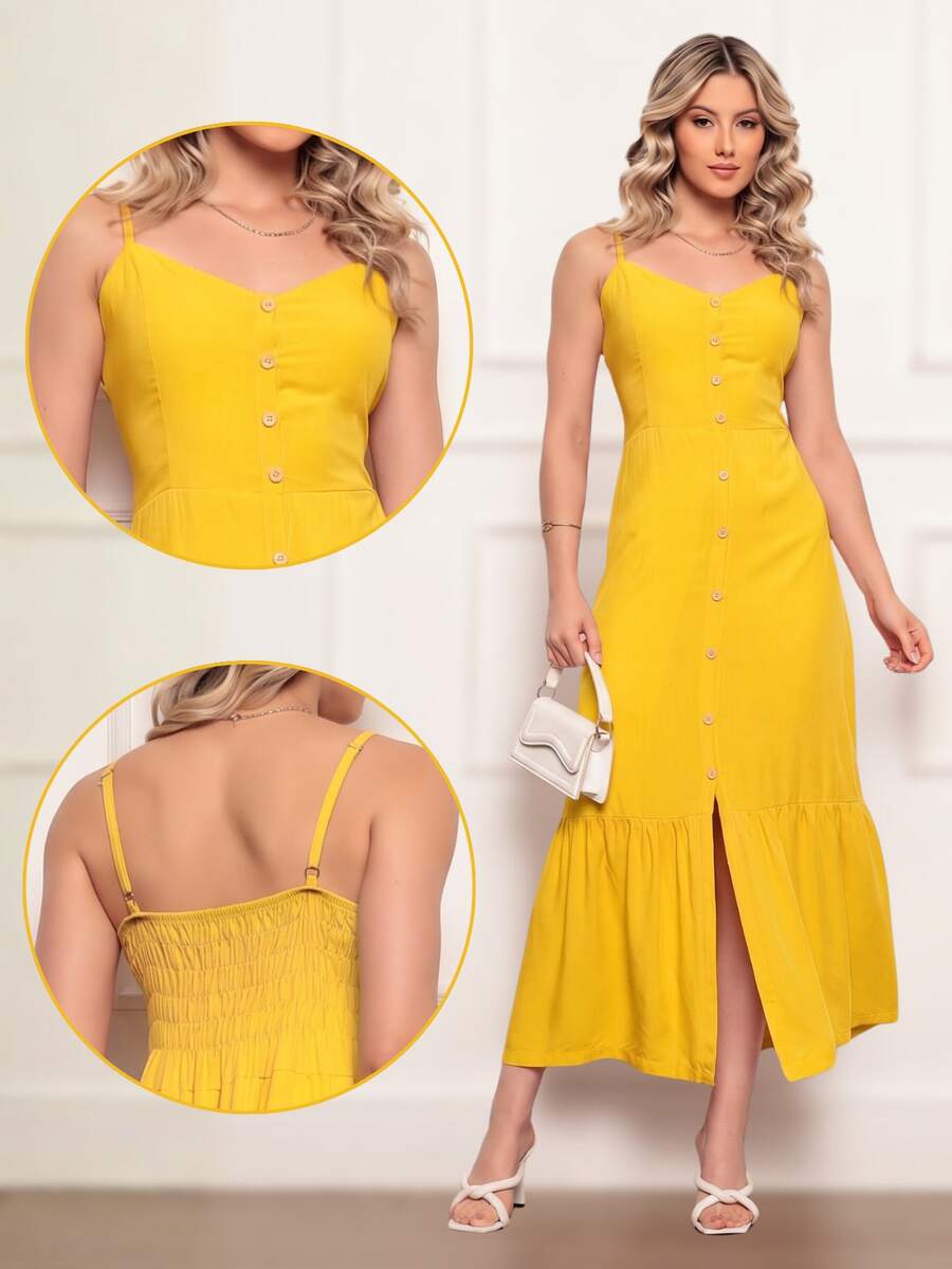 Elegant Women's Long Dress In Viscose Linen With Built-In Bra, Lining, Adjustable Straps And Front Buttons - Yellow - View 1