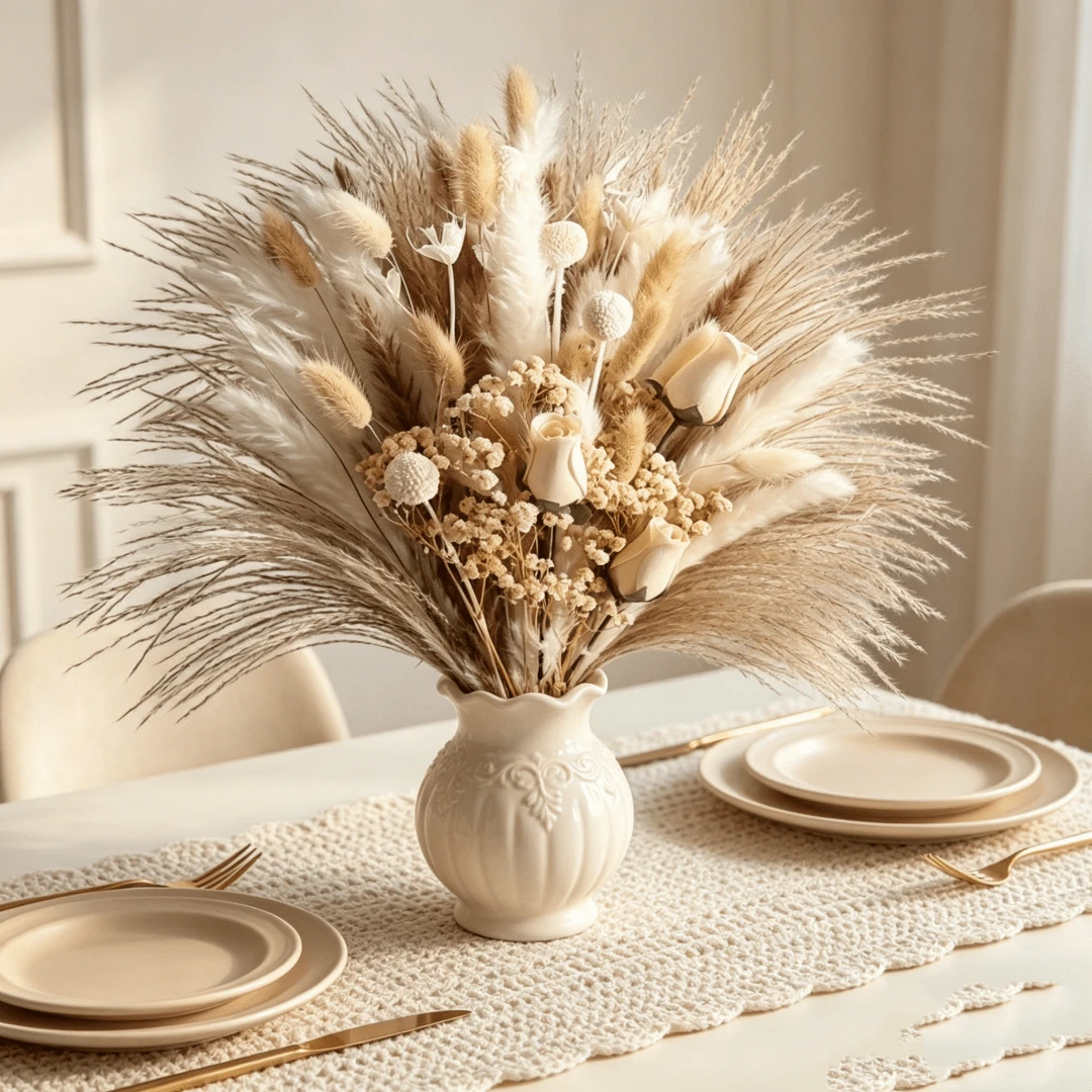 Bouquet de 65 fleurs séchées en herbe de la pampa, style bohème, idéal pour vase, salon ou décoration saisonnière. Fleurs artificielles, fausse queue de lapin, pour mariage, fête ou cadeau. - 65 pièces - Voir 1