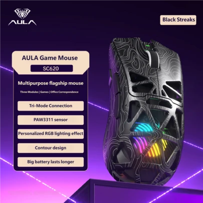  AULA SC620 Wireless Mouse Tri-Mode E-Sport Game Mouses Ergonomics Lightweight Office Mouse With RGB Light Streaks Fashional Design Laptop PC Tablet Bluetooth 2.4G Rechargeable FPS Original Aula Gaming Mouse