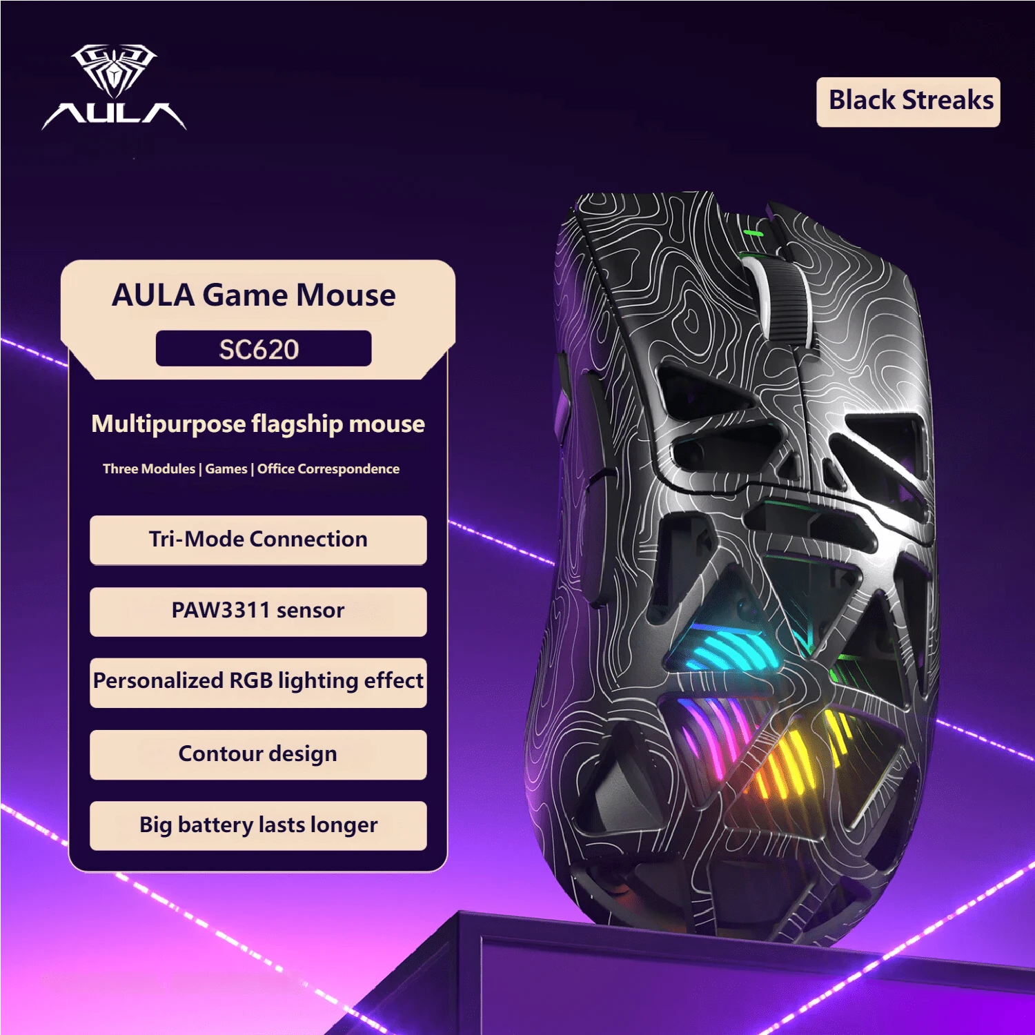 AULA SC620 Wireless Mouse Tri-Mode E-sport Game Mouses Ergonomics Lightweight Office Mouse with RGB Light Streaks Fashional Design Laptop PC Tablet Bluetooth 2.4G Rechargeable FPS Original Aula Gaming Mouse - 查看 1