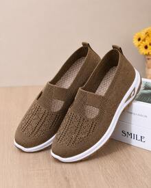 2026 Summer Women's Hollow Out Knit Flat Shoes, Slip On Mary Jane Casual Sneakers, Elastic Breathable Lightweight Walking Shoes, Non Slip Thick Sole Comfortable Support Footwear, Stylish Versatile Daily Wear Shoes For Campus, Travel, Shopping, Street - Brown - View 7