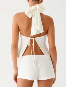 Women's Summer Halter Tank Tops Sleeveless Backless Bow Tie Up Cropped Vest Slim Fit Casual Streetwear Party Going Out Tops - White - View 5