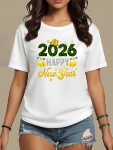 Festive Sparkle With Golden Numbers 2026, Glittery Hat, Balloons And Sparkles Celebrating New Beginnings And Joy To Bring A Night Full Of Hope And Happiness. Modern Casual Women's T-Shirt - 白色 - 查看 8
