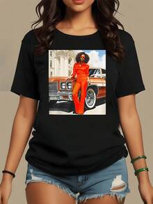 Woman In A Red Suit Leaning Against A Classic Car In Front Of An Elegant Building Symbolizing Strength, Confidence, And Urban Freedom; Modern Casual Women's T-Shirt For Everyday Wear - 黑色 - 查看 8