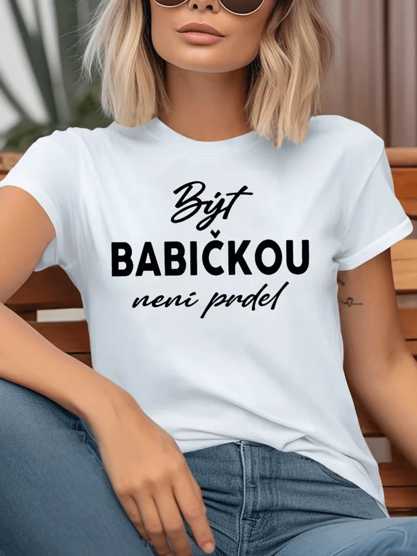 A Funny Czech Phrase That Humorously Expresses The Experience Of Being A Grandmother, Conveying Pride And Complicity With A Modern Touch. A Comfortable And Stylish Casual Women's T-Shirt For Everyday Wear. - 白色 - 查看 1