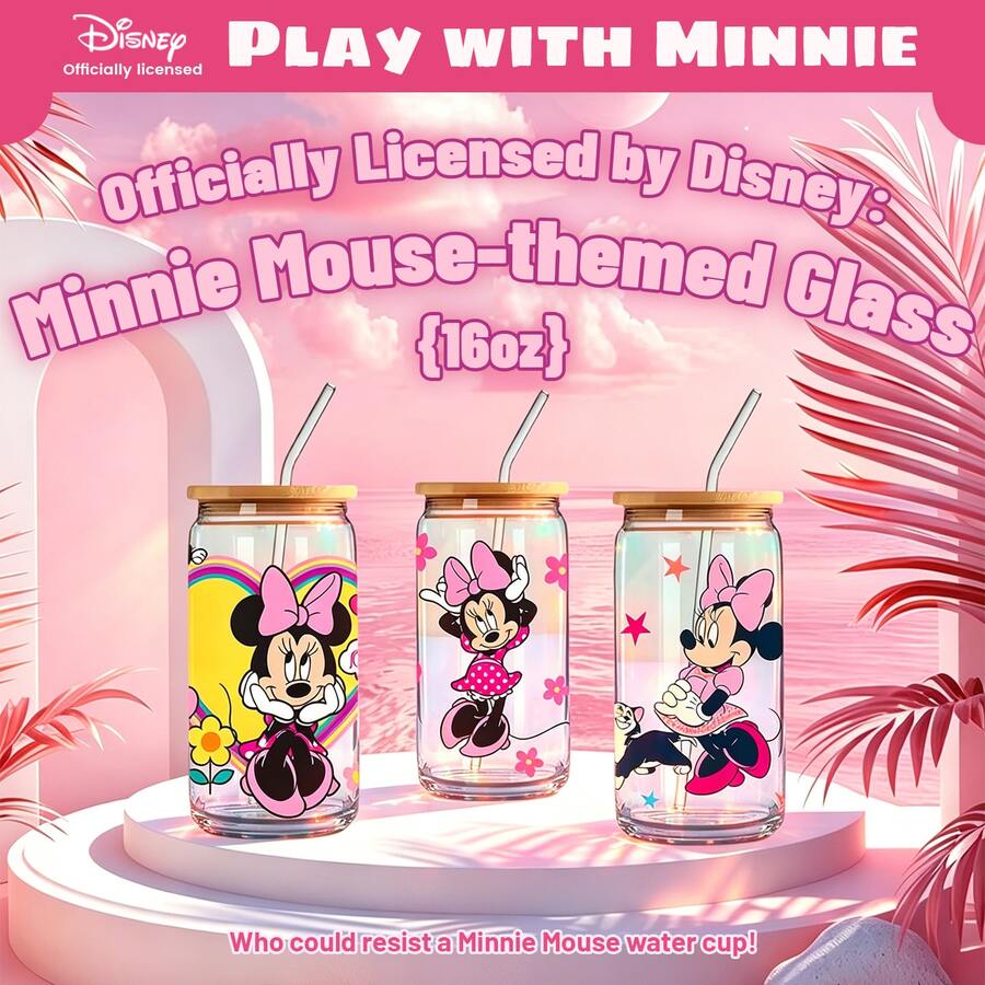 1pc Disney Glass Cup, Printed With Cute Minnie Mouse Design, Durable Leak-Proof Cup With Straw, 480ml, Boxed With Anti-Counterfeit Code - Clear - View 1