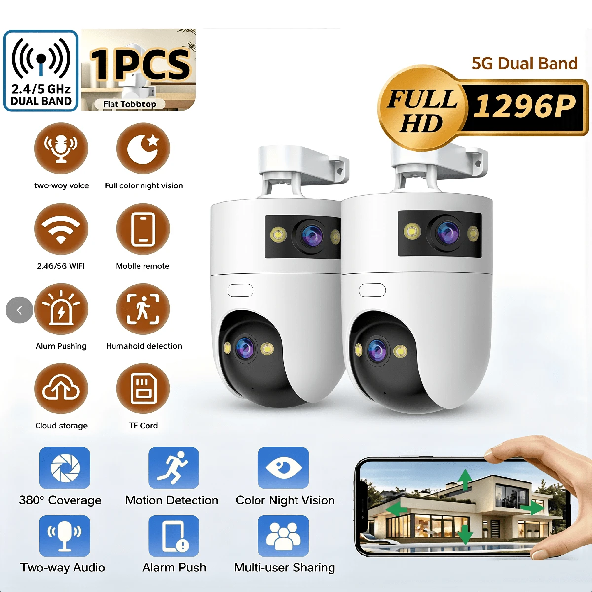 Camera an ninh JOOAN 5MP+5MP 2 đèn 2 ống kính: Công nghệ nguồn sáng kép tăng cường độ chiếu sáng; Thích hợp sử dụng trong nhà và ngoài trời; WiFi 5G; Phát hiện chuyển động hai vùng; Tầm nhìn ban đêm đầy đủ màu sắc; Âm thanh hai chiều; Chuẩn chống nước IP66; Báo động tự động; Điều khiển từ xa qua ứng dụng; Hỗ trợ thẻ SD và lưu trữ đám mây; Thích hợp cho việc giám sát trẻ em và an ninh đường phố.