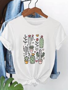 Con varios cactus en macetas que representan la vida en el desierto el amor por la naturaleza y la fuerza interior en tonos suaves y corazones coloridos camiseta de mujer casual y cómoda para verano - Blanco - Ver 6