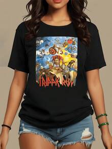 Surreal Symbols Filled With Expressive Faces Under A Blue Sky With Mystical Figures That Convey Energy And Freedom. Comfortable Women's T-Shirt For Everyday Youthful And Modern Wear. - 黑色 - 查看 1
