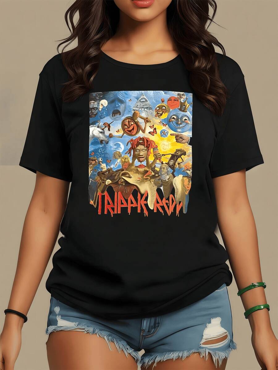 Surreal Symbols Filled With Expressive Faces Under A Blue Sky With Mystical Figures That Convey Energy And Freedom. Comfortable Women's T-Shirt For Everyday Youthful And Modern Wear. - 黑色 - 查看 1