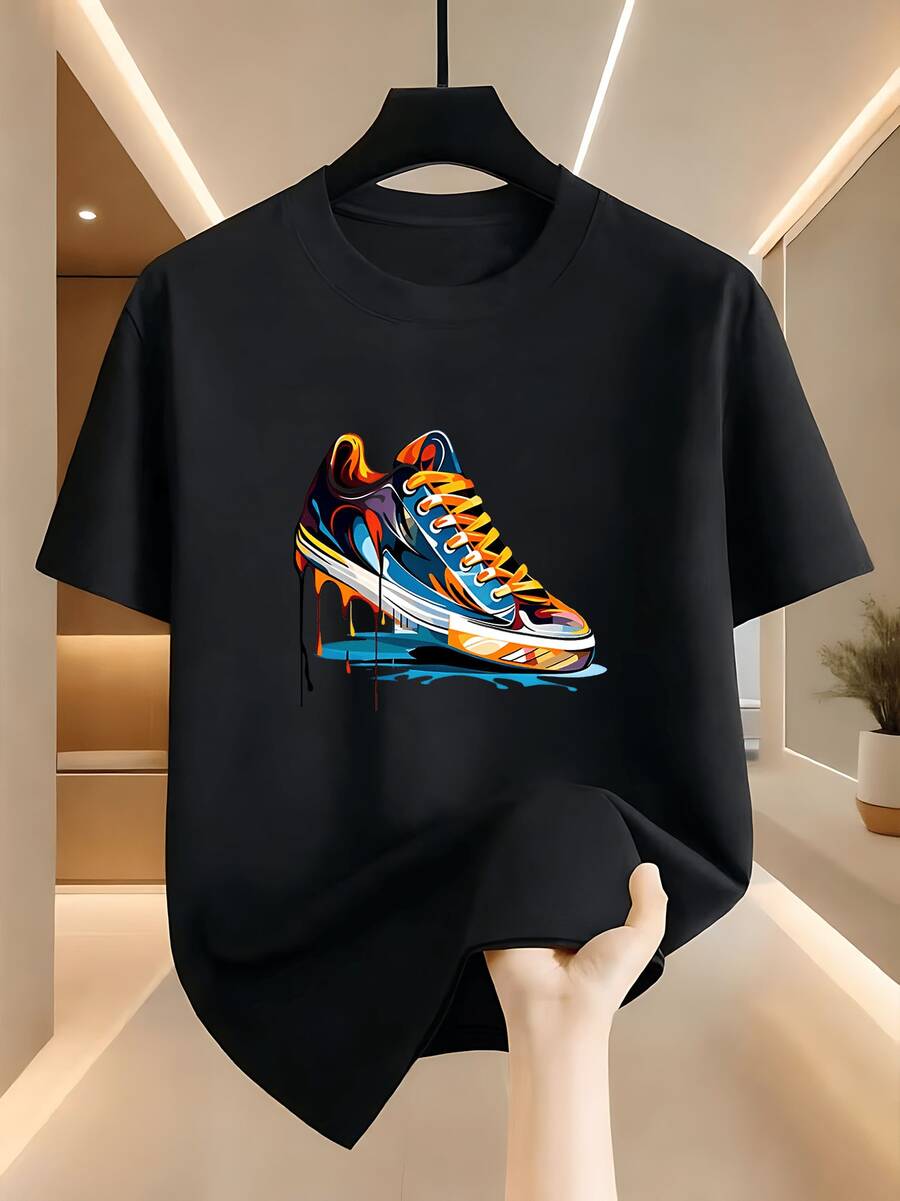 Camiseta casual para hombre con diseño de grafiti de salpicaduras coloridas de zapatos de moda. El llamativo estampado de grafiti desprende un estilo urbano único. Tiene un ajuste regular y es muy versátil para uso diario.
