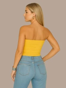 Women's Cropped Tube Top BRAZIL EMBROIDERED 6X4 Or World Cup Colors Double Layer Of Supplex Slim Fit Strapless - 香草黃(無刺繡) - 查看 6