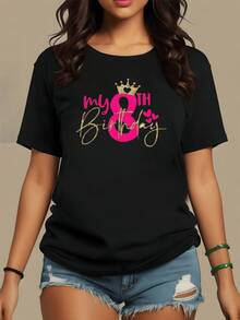 Corona dorada sobre número 8 rosado que simboliza celebración alegría y amor propio junto a corazones que transmiten afecto y energía positiva camiseta de mujer moderna ideal para cumpleaños festivos y momentos especiales - Negro - Ver 8