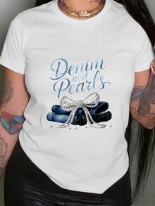 Un lazo de perlas que adorna una pila de mezclilla simboliza elegancia moderna y unión entre fuerza y delicadeza camiseta de mujer blanca casual con estampado artístico ideal para uso diario - Blanco - Ver 6