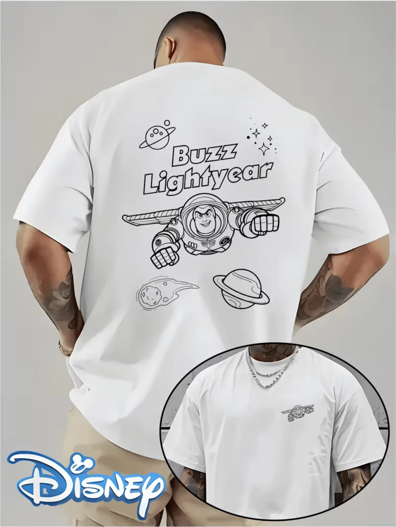 (Disney Licensed T Shirts)Disney PIXAR1 Toy Story Buzz Lightyear Space Sketch Graphic Tee Men's Oversized Crew Neck Short Sleeve T-Shirt, Casual Streetwear With Black Line Art Buzz Lightyear And Planets Print, Retro Toy Story Astronaut Loose Fit Casual Top, Mens Clothes, Men, Ropa De Hombre, Summer Clothes, Men Shirts, Graphic Tees, Disney Outfits Men, Graphic Tees, Camisetas Para Hombre, Camisas Para Hombre, Summer Outfits For Men, Father's Day Gift, Perfect Gift For Family And Friends, Which Are Necessary For Birthday Parties, Disney Shirts, Mens Clothes, Summer Clothes, Officially Licensed Disney T-Shirts, Disney Men's And Women's Spring/Summer Fashion Casual Short-Sleeve T-Shirts, Disney Top - White - View 1